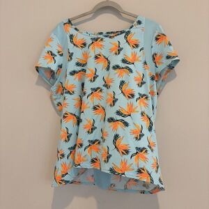 ✨ZELOS Women XL Blue Bird of Paradise Floral Print Activewear New Top Stretch